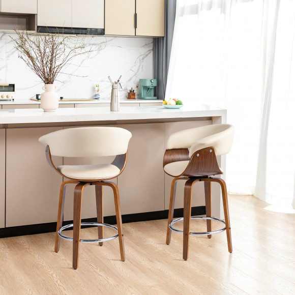 Glitzhome Glitzhome Set Of 2 Mid-century Modern Cream Leatherette Swivel Counter Stool With Walnut Bentwood Frame