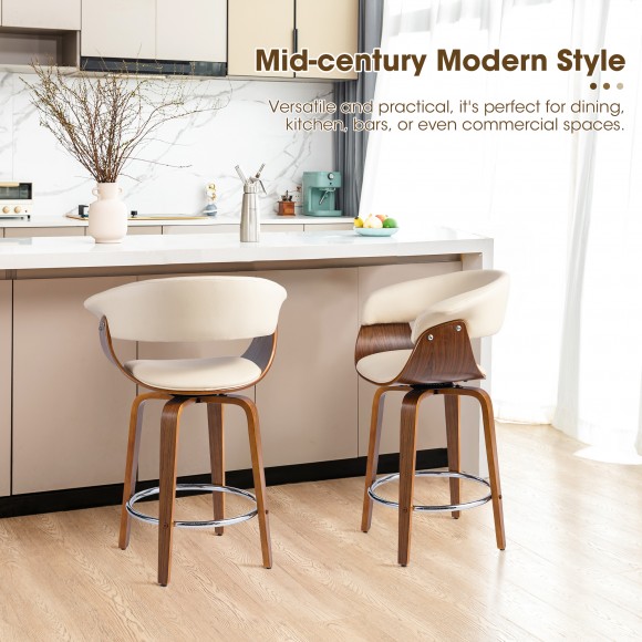 Glitzhome Glitzhome Set Of 2 Mid-century Modern Cream Leatherette Swivel Counter Stool With Walnut Bentwood Frame