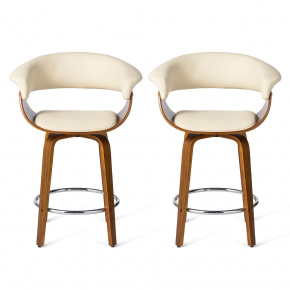 Glitzhome Glitzhome Set Of 2 Mid-century Modern Cream Leatherette Swivel Counter Stool With Walnut Bentwood Frame