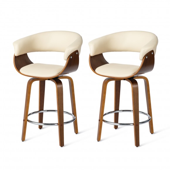 glitzhome Glitzhome Set of 2 Mid-century Modern Cream Leatherette Swivel Counter Stool with Walnut Bentwood Frame