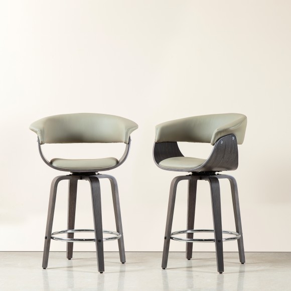 Glitzhome Glitzhome Set Of 2 Mid-century Modern Gray Leatherette Swivel Counter Stool With Gray Oak Bentwood Frame