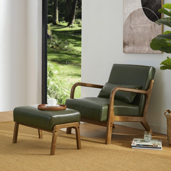 Glitzhome Glitzhome Set Of 2 Mid-century Modern Hunter Green Leatherette Accent Stool & Chair With Walnut Rubberwood Legs