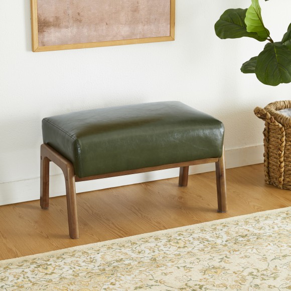Glitzhome Glitzhome Set Of 2 Mid-century Modern Hunter Green Leatherette Accent Stool & Chair With Walnut Rubberwood Legs