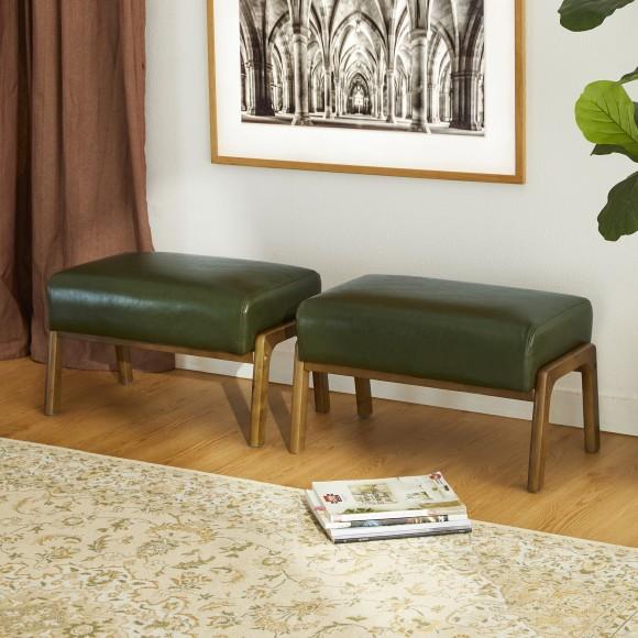 Glitzhome Glitzhome Set Of 2 Mid-century Modern Hunter Green Leatherette Accent Stool With Walnut Rubberwood Legs