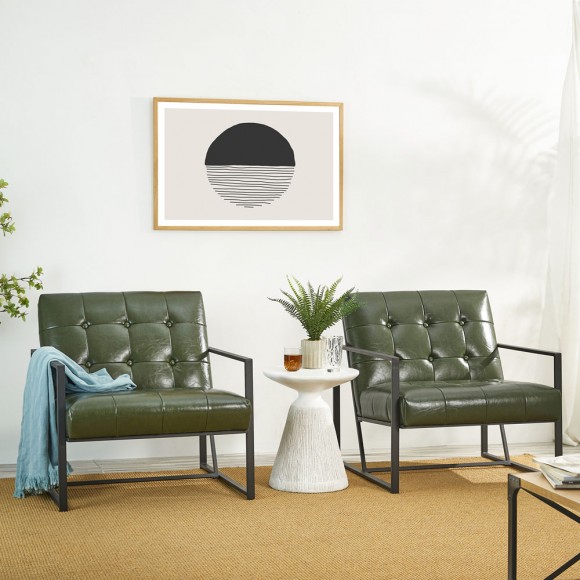 Glitzhome Glitzhome Set Of 2 Mid-Century Modern Hunter Green Leatherette Button-tufted Accent Arm Chair With Black Metal Frame