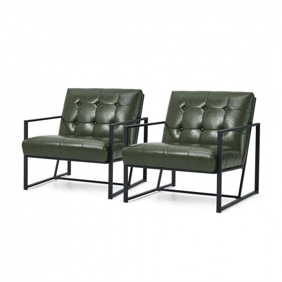 glitzhome Glitzhome Set of 2 Mid-Century Modern Hunter Green Leatherette Button-tufted Accent Arm Chair with Black Metal Frame