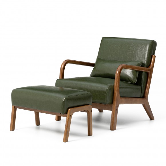 glitzhome Glitzhome Set of 2 Mid-century Modern Hunter Green Leatherette Accent Stool & Chair with Walnut Rubberwood Legs