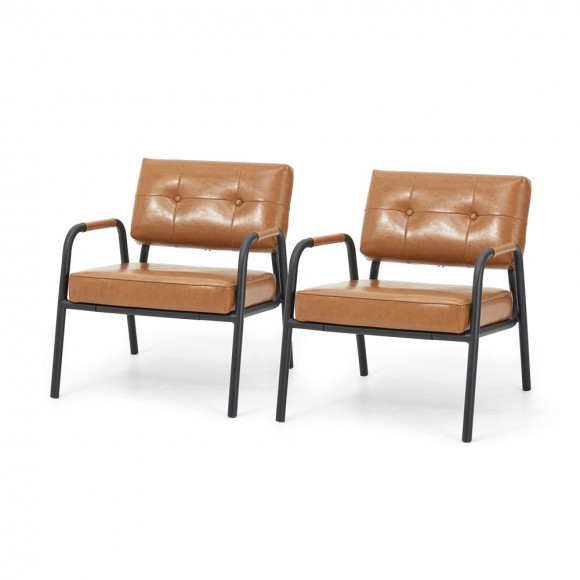glitzhome Glitzhome Set of 2 Mid-Century Modern Light Brown Leatherette Arm Accent Chair With Frosted Black Metal Frame