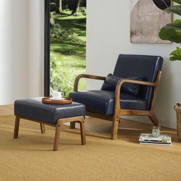 Glitzhome Glitzhome Set Of 2 Mid-century Modern Navy Blue Leatherette Accent Stool With Walnut Rubberwood Legs