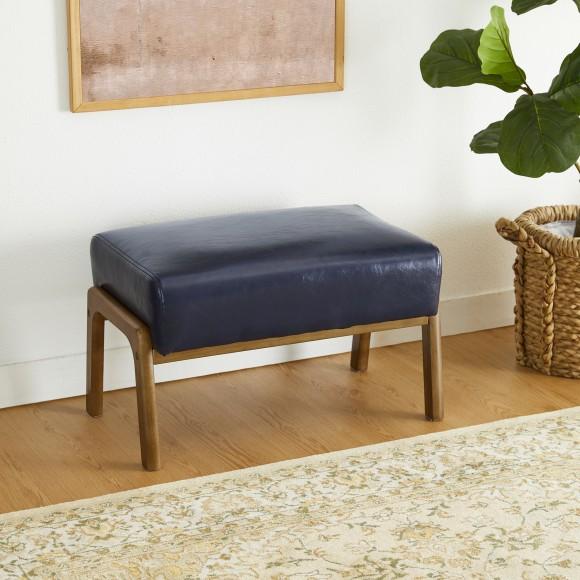 Glitzhome Glitzhome Set Of 2 Mid-century Modern Navy Blue Leatherette Accent Stool & Chair With Walnut Rubberwood Legs