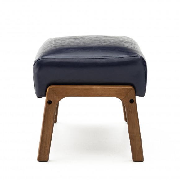 Glitzhome Glitzhome Set Of 2 Mid-century Modern Navy Blue Leatherette Accent Stool & Chair With Walnut Rubberwood Legs
