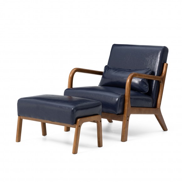 glitzhome Glitzhome Set of 2 Mid-century Modern Navy Blue Leatherette Accent Stool & Chair with Walnut Rubberwood Legs
