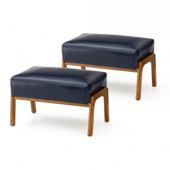 glitzhome Glitzhome Set of 2 Mid-century Modern Navy Blue Leatherette Accent Stool with Walnut Rubberwood Legs