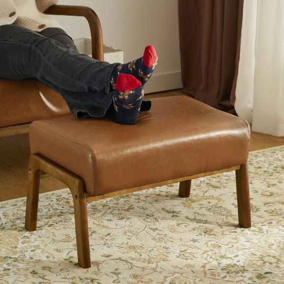 Glitzhome Glitzhome Set Of 2 Mid-century Modern Yellowish-brown Leatherette Accent Stool With Walnut Rubberwood Legs