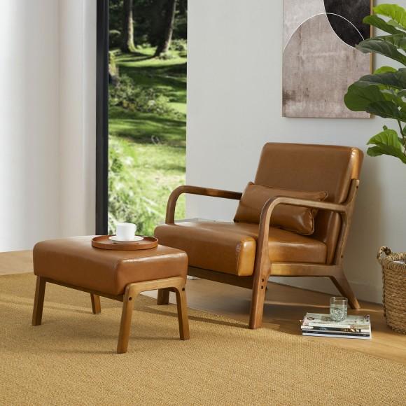Glitzhome Glitzhome Set Of 2 Mid-century Modern Yellowish-brown Leatherette Accent Stool & Chair With Walnut Rubberwood Legs