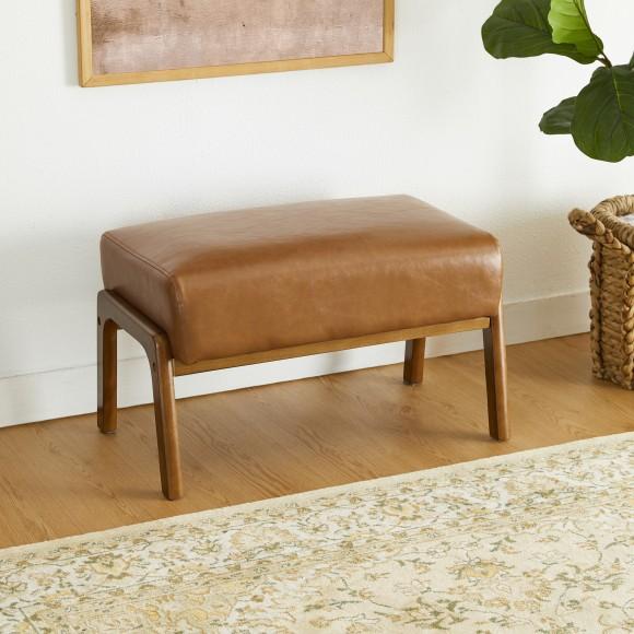 Glitzhome Glitzhome Set Of 2 Mid-century Modern Yellowish-brown Leatherette Accent Stool & Chair With Walnut Rubberwood Legs