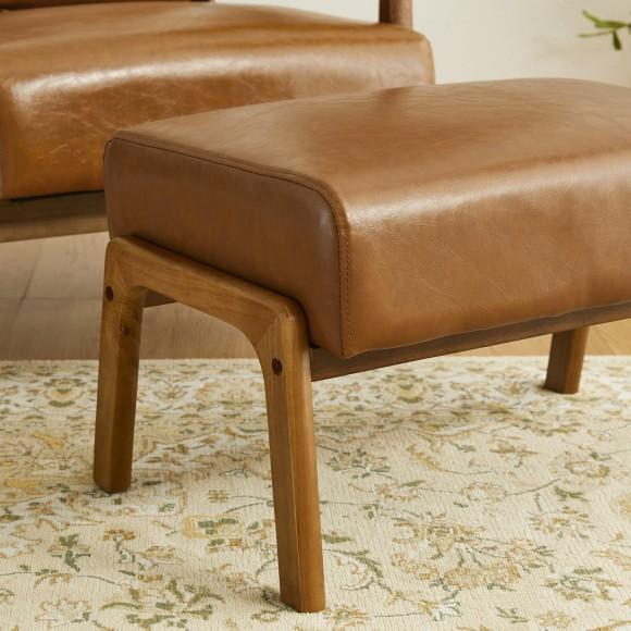 Glitzhome Glitzhome Set Of 2 Mid-century Modern Yellowish-brown Leatherette Accent Stool & Chair With Walnut Rubberwood Legs