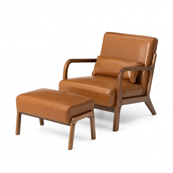 glitzhome Glitzhome Set of 2 Mid-century Modern Yellowish-brown Leatherette Accent Stool & Chair with Walnut Rubberwood Legs