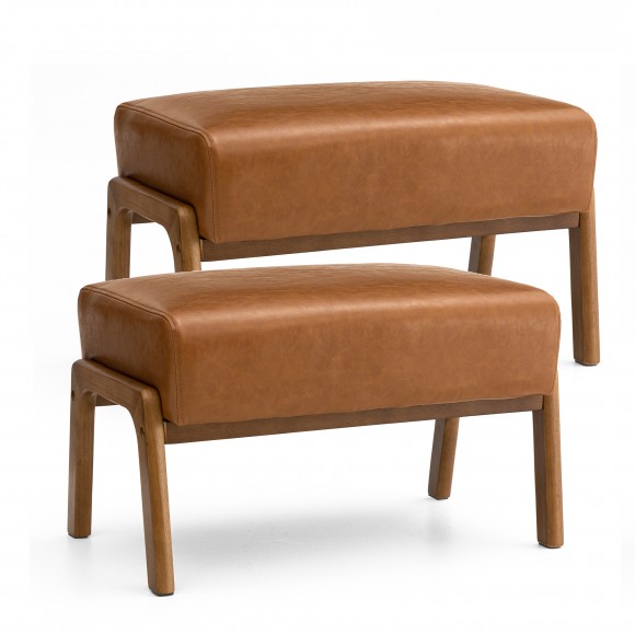 glitzhome Glitzhome Set of 2 Mid-century Modern Yellowish-brown Leatherette Accent Stool with Walnut Rubberwood Legs