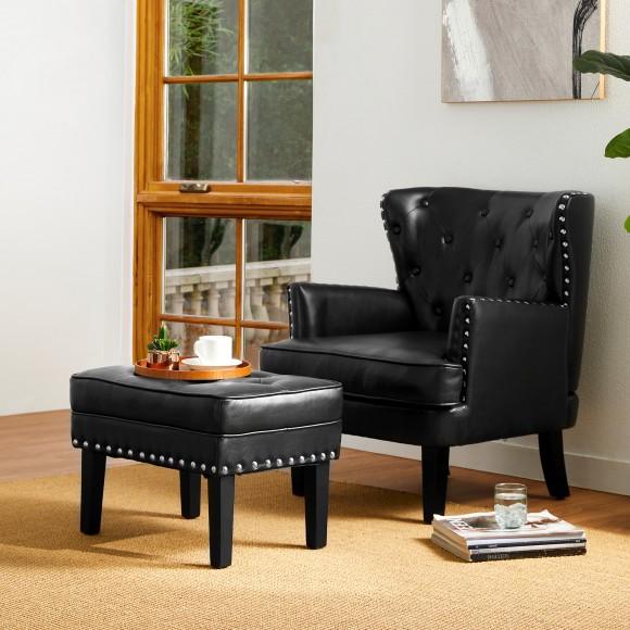 Glitzhome Glitzhome Set Of 2 Modern Black Leatherette Button-tufted Accent Chair & Accent Stool