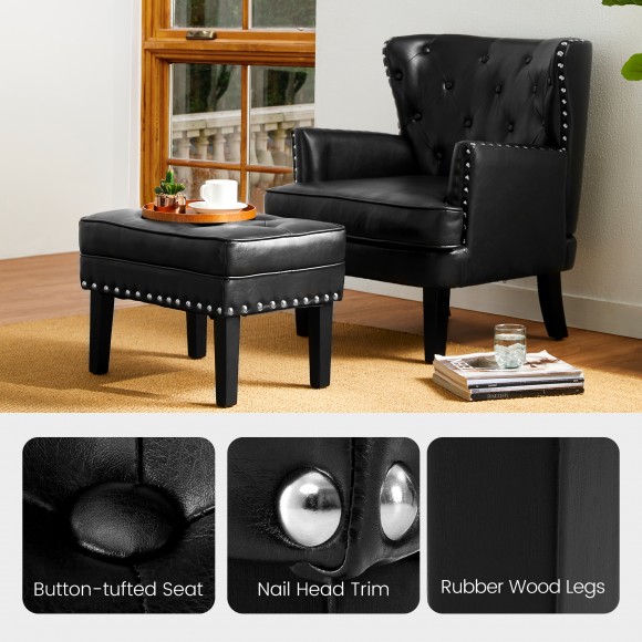 Glitzhome Glitzhome Set Of 2 Modern Black Leatherette Button-tufted Accent Chair & Accent Stool