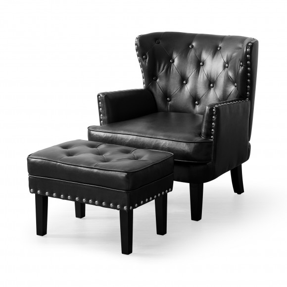 glitzhome Glitzhome Set of 2 Modern Black Leatherette Button-tufted Accent Chair & Accent Stool
