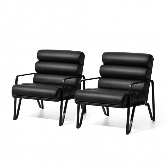 glitzhome Glitzhome Set of 2 Modern Black Wavy Leatherette Accent Arm Chair with Black Metal Frame