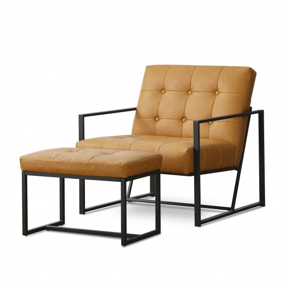 glitzhome Glitzhome Set of 2 Modern Camel Thick Leatherette Accent Chair & Accent Stool