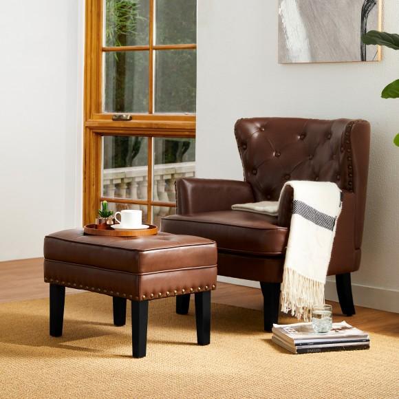 Glitzhome Glitzhome Set Of 2 Modern Coffee Leatherette Button-tufted Accent Chair & Accent Stool