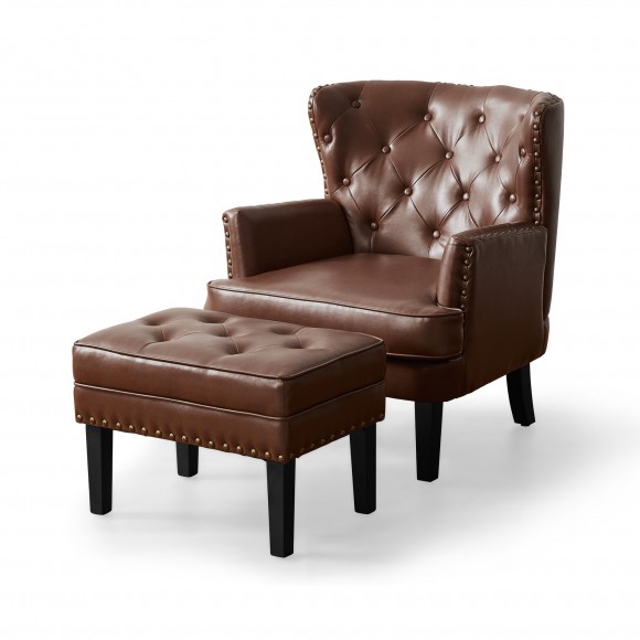 glitzhome Glitzhome Set of 2 Modern Coffee Leatherette Button-tufted Accent Chair & Accent Stool