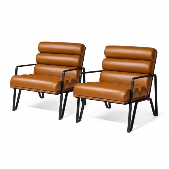 glitzhome Glitzhome Set of 2 Modern Coffee Wavy Leatherette Accent Arm Chair with Black Metal Frame