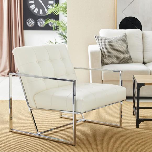 Glitzhome Glitzhome Set Of 2 Modern Cream White Leatherette Button-tufted Accent Arm Chair With Chrome Plated Frame