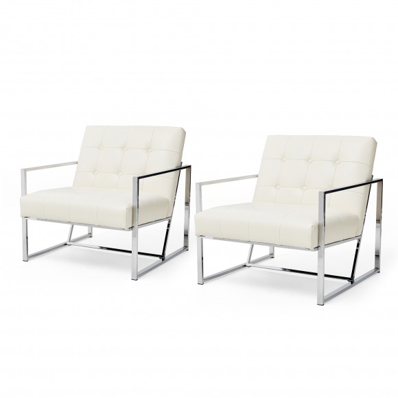 glitzhome Glitzhome Set of 2 Modern Cream White Leatherette Button-tufted Accent Arm Chair with Chrome Plated Frame