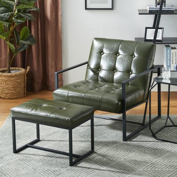 Glitzhome Glitzhome Set Of 2 Modern Hunter Green Thick Leatherette Accent Chair & Accent Stool