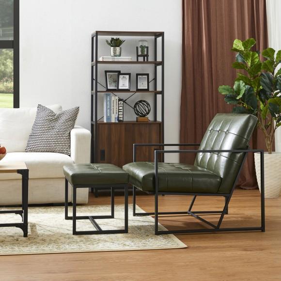 Glitzhome Glitzhome Set Of 2 Modern Hunter Green Thick Leatherette Accent Chair & Accent Stool