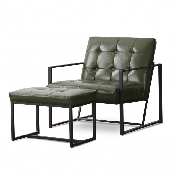 glitzhome Glitzhome Set of 2 Modern Hunter Green Thick Leatherette Accent Chair & Accent Stool