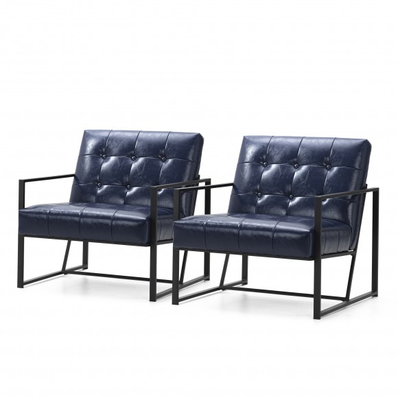 glitzhome Glitzhome Set of 2 Modern Navy Blue Leatherette Accent Armchair with Black Metal Frame