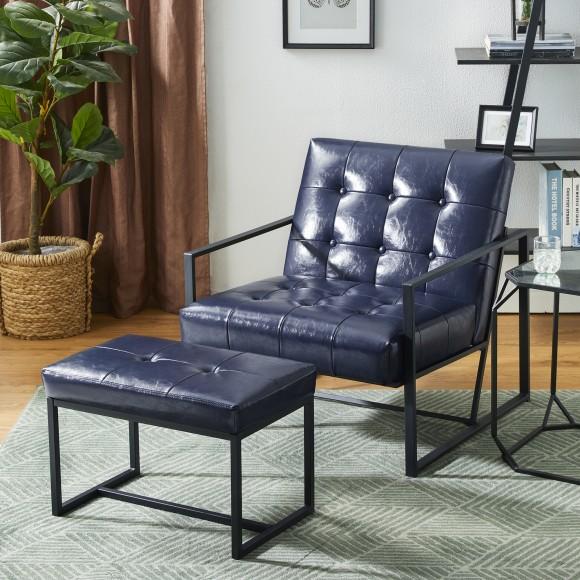 Glitzhome Glitzhome Set Of 2 Modern Navy Blue Thick Leatherette Accent Chair & Accent Stool