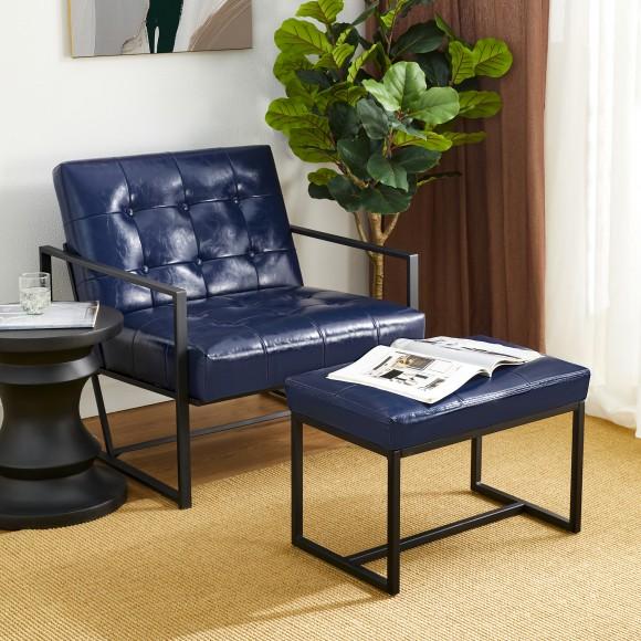 Glitzhome Glitzhome Set Of 2 Modern Navy Blue Thick Leatherette Accent Chair & Accent Stool
