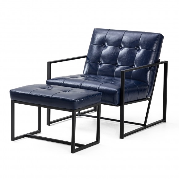 glitzhome Glitzhome Set of 2 Modern Navy Blue Thick Leatherette Accent Chair & Accent Stool