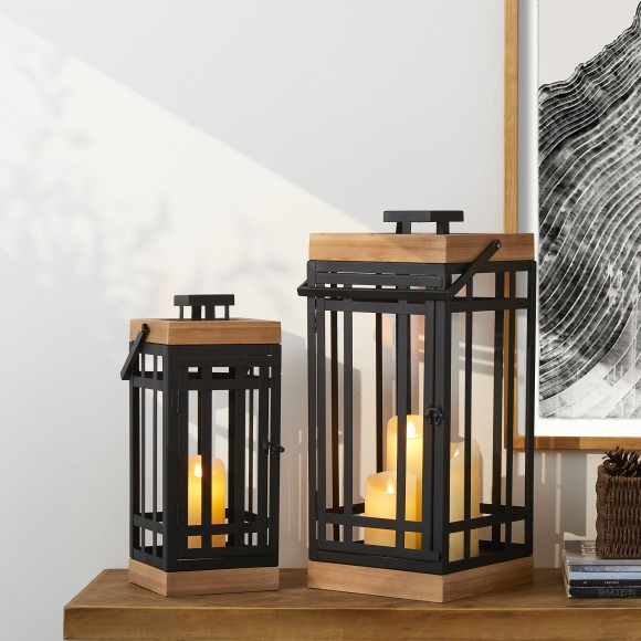 Glitzhome Glitzhome Set Of 2 Modern Square Metal/Wood Black Lanterns