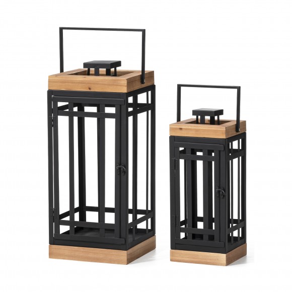 glitzhome Glitzhome Set of 2 Modern Square Metal/Wood Black Lanterns