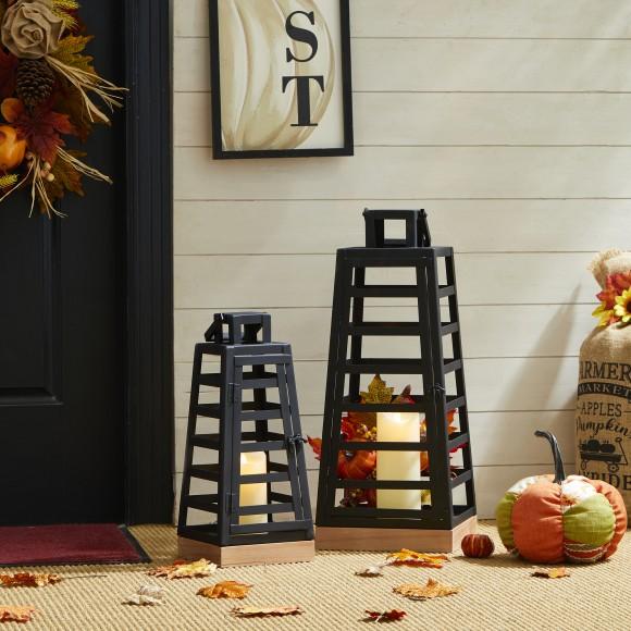 Glitzhome Glitzhome Set Of 2 Modern Trapezoid Metal/Wood Black Lanterns