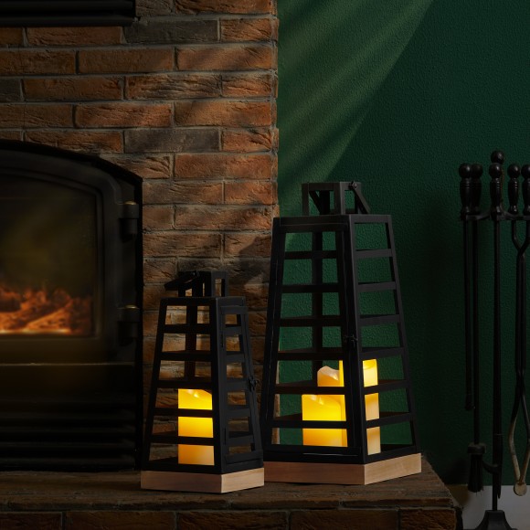 Glitzhome Glitzhome Set Of 2 Modern Trapezoid Metal/Wood Black Lanterns