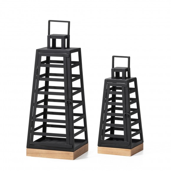 glitzhome Glitzhome Set of 2 Modern Trapezoid Metal/Wood Black Lanterns