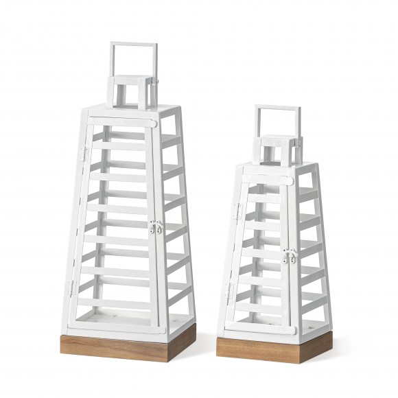 glitzhome Glitzhome Set of 2 Modern Trapezoid Metal/Wood White Lanterns