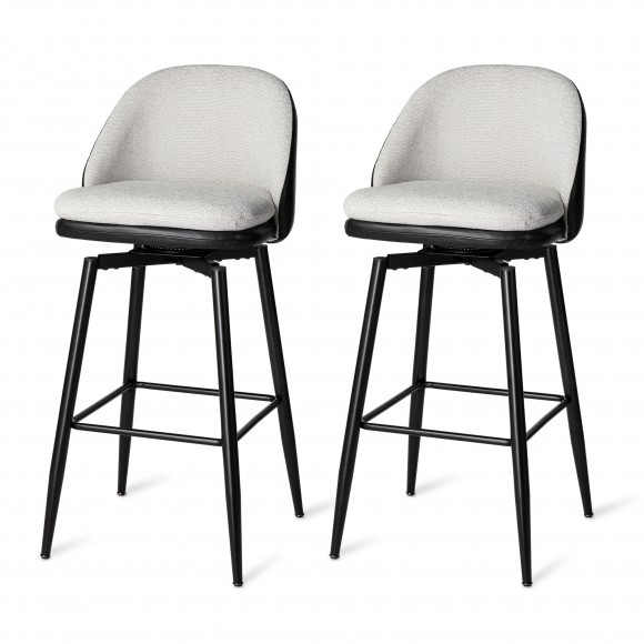 glitzhome Glitzhome Set of 2 Modern Two-tone Color Swivel Bar Stool with Metal Black Tapered Legs- Black Leatherette Mixed Beige Chenille Fabric