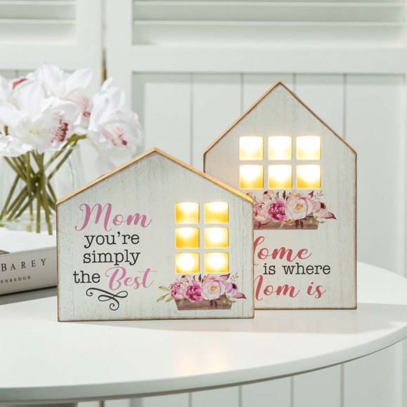 Glitzhome Glitzhome Set Of 2 Mother's Day Lighted Wooden House Shaped Table Sign