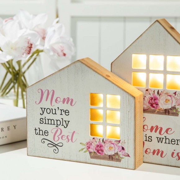 Glitzhome Glitzhome Set Of 2 Mother's Day Lighted Wooden House Shaped Table Sign