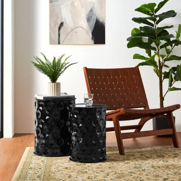 Glitzhome Glitzhome Set Of 2 Multi-Functional Embossed Honeycomb Texture Cylindrical Glossy Black Metal Garden Stool Or Planter Stand Or Accent Table Or Side Table
